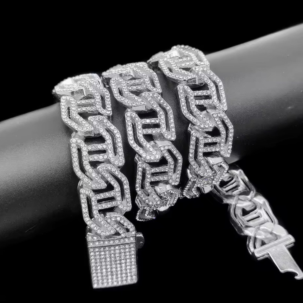 18K White Gold Iced Micro Pave Geometrical Cuban Link Streetwear Punk Bracelet - Picture 4 of 6